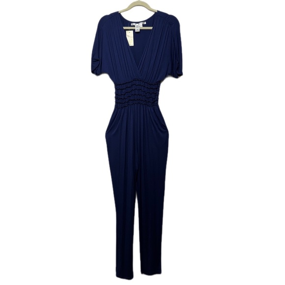 Max Studio Pants - NWT Max Studio Navy Smocked-Waist Jumpsuit with V-Neck